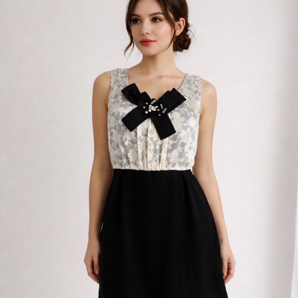 Taylor Black and Cream Mini Dress with Bow Detail